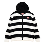 Gloomy Bear Striped Fuzzy Zip Up Jacket Black White