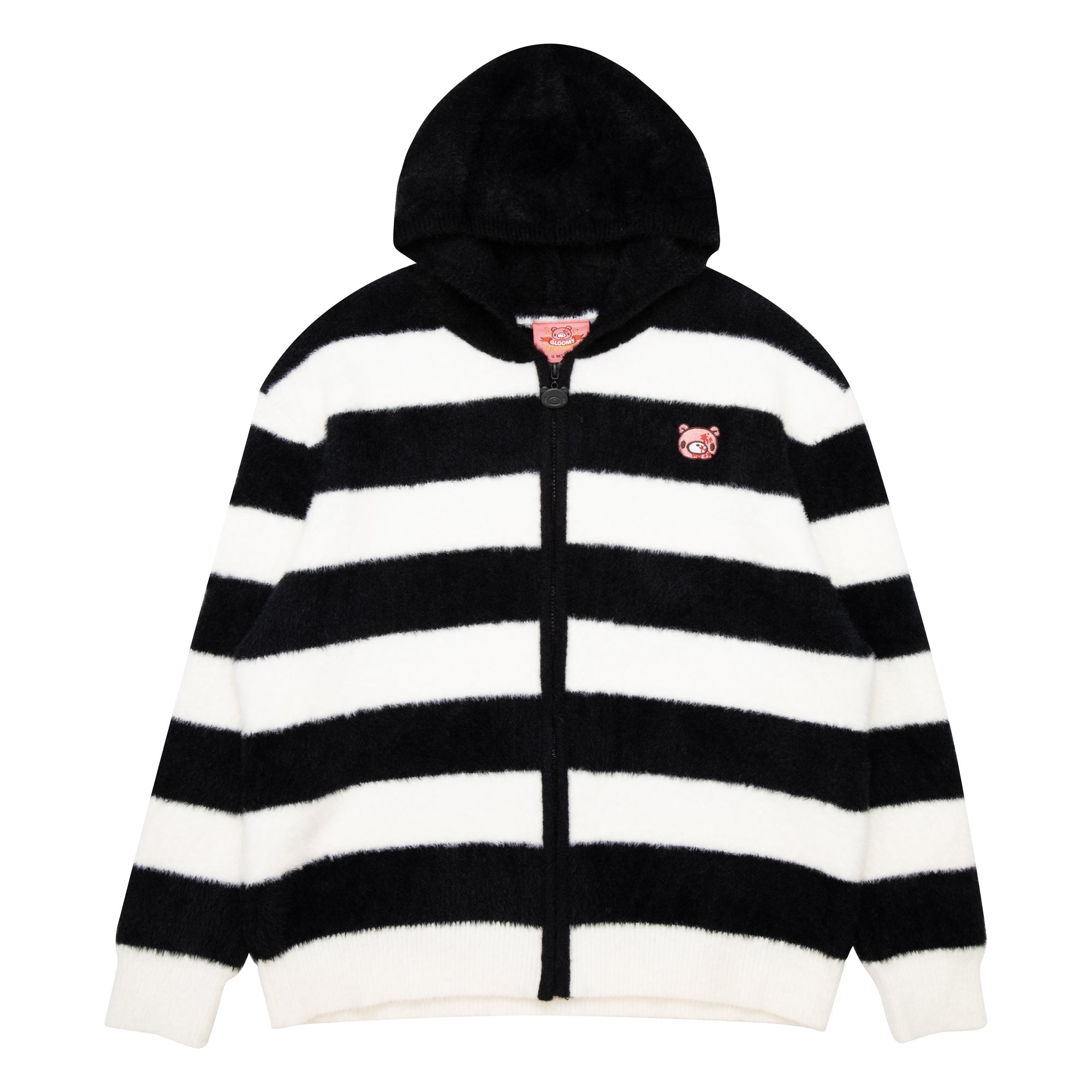 Gloomy Bear Striped Fuzzy Zip Up Jacket Black White
