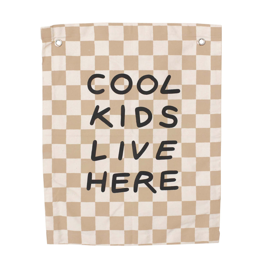 'Cool Kids Live Here' Canvas Wall Banner | Kids Room Décor Checkered Taupe