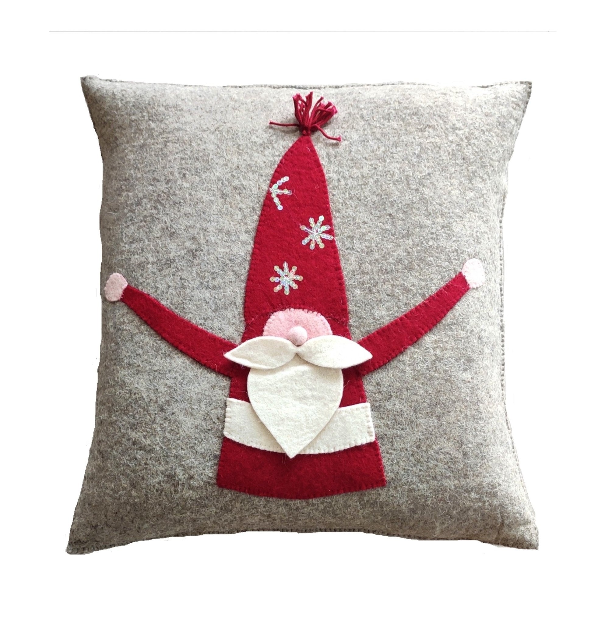 Hand Felted Wool Pillow - Gnome Red Sequin Hat - 20" Arcadia Home