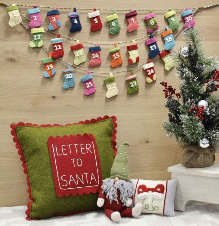 Handmade Christmas Pillow Hand Felted Wool - Letter to Santa Pocket Green - 18" Arcadia Home