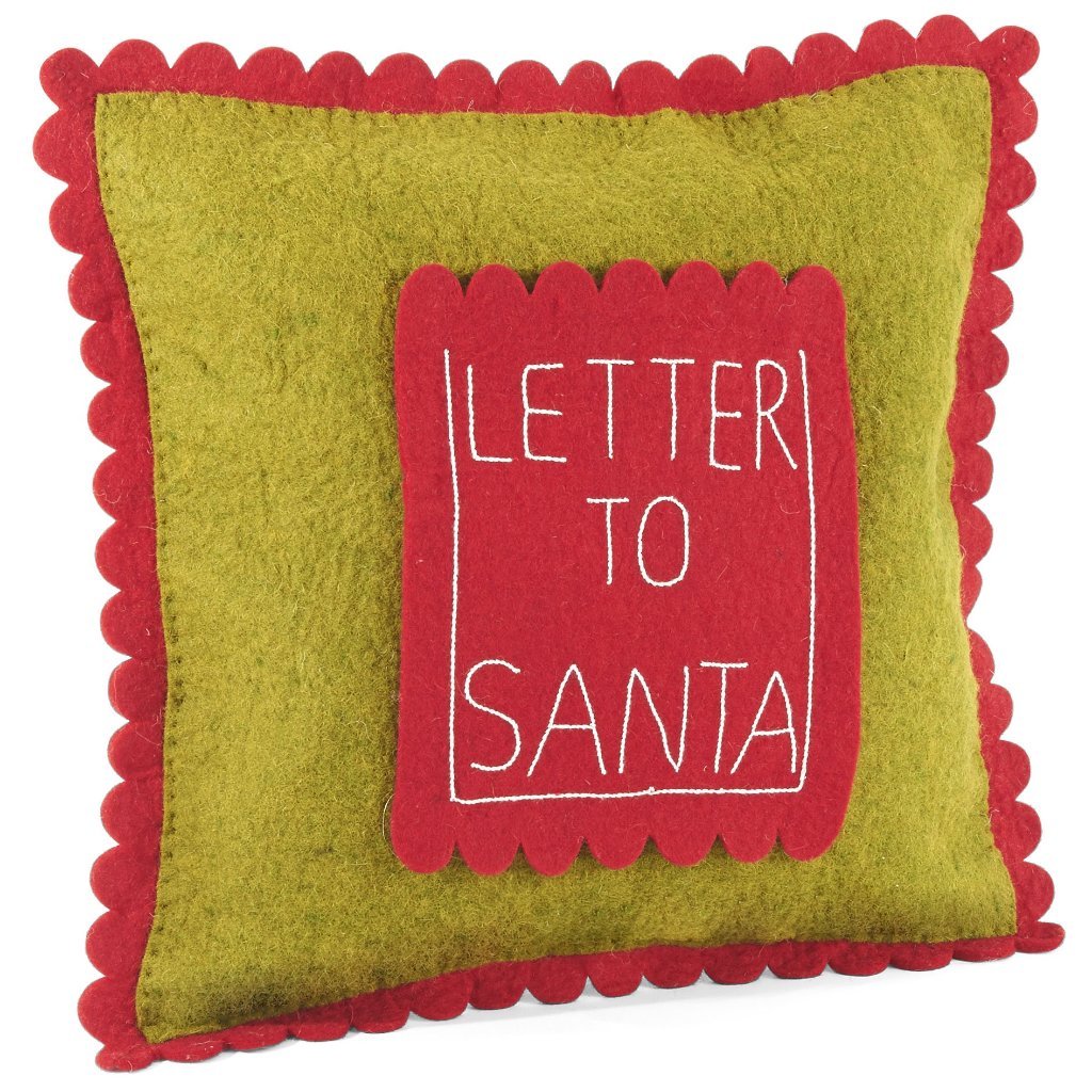 Handmade Christmas Pillow Hand Felted Wool - Letter to Santa Pocket Green - 18" Arcadia Home